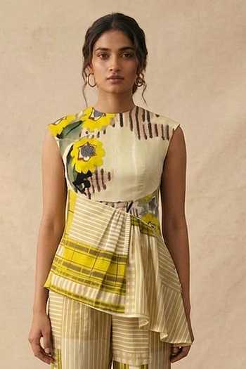 Buy_Vedika M_Green Cotton Round Neck Citrene Asymmetric Top And Pant Set _Online_at_Aza_Fashions