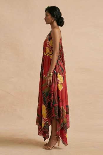 Vedika M_Red Cotton Satin V-neck Scarlet Strap V- Draped Dress _Online_at_Aza_Fashions