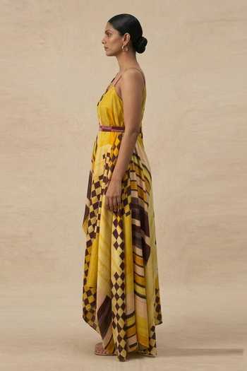 Vedika M_Yellow Cotton Satin V-neck Golden Hour V- Draped Dress With Belt _Online_at_Aza_Fashions