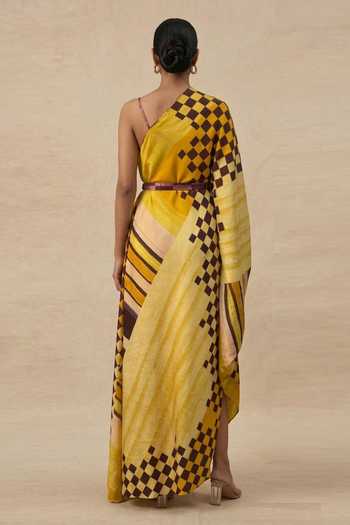 Vedika M Golden Hour V- Neck Draped Dress With Belt 