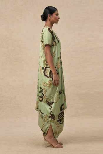 Vedika M_Green Cotton Satin V-neck Meadow Pleated V- Draped Dress _Online_at_Aza_Fashions