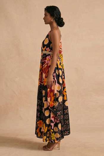 Vedika M_Black Cotton Satin Halter Neck, Asymmetric Dusky Bloom In-cut Draped Dress _Online_at_Aza_Fashions
