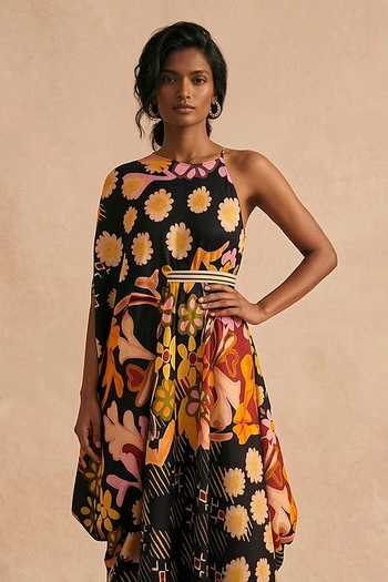 Buy_Vedika M_Black Cotton Satin Halter Neck, Asymmetric Dusky Bloom In-cut Draped Dress _Online_at_Aza_Fashions