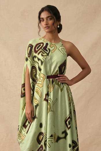 Buy_Vedika M_Green Cotton Satin Halter Neck, Asymmetric, One Meadow In-cut Draped Dress _Online_at_Aza_Fashions