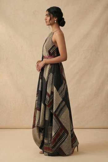 Vedika M_Black Cotton Satin Halter Neck Mono Grid Draped Dress With Belt _Online_at_Aza_Fashions