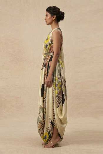 Vedika M_Green Cotton Satin Asymmetric Sand Bloom Dress With Belt _Online_at_Aza_Fashions