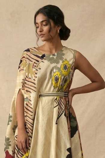 Buy_Vedika M_Green Cotton Satin Asymmetric Sand Bloom Dress With Belt _Online_at_Aza_Fashions
