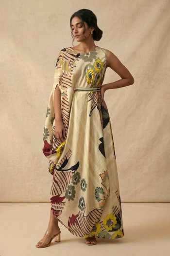 Vedika M Sand Bloom Dress With Belt 