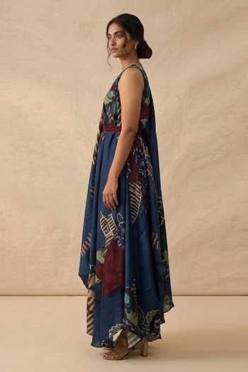 Vedika M_Blue Cotton Satin V-neck Midnight Bloom Raglan Sleeve Draped Dress _Online_at_Aza_Fashions