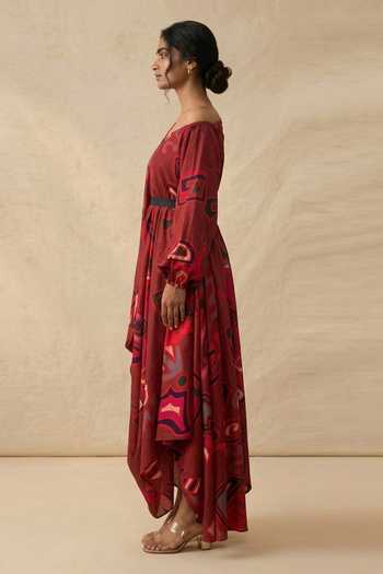 Vedika M_Red Cotton Satin One Shoulder Crimson Flow Draped Dress _Online_at_Aza_Fashions
