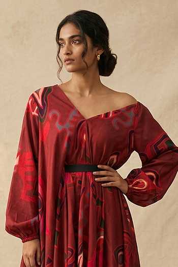 Buy_Vedika M_Red Cotton Satin One Shoulder Crimson Flow Draped Dress _Online_at_Aza_Fashions