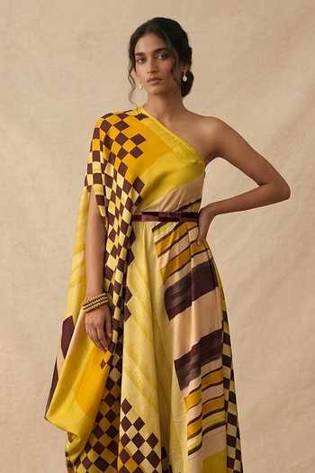 Vedika M_Yellow Cotton Satin One Shoulder Golden Hour Draped Dress _Online_at_Aza_Fashions