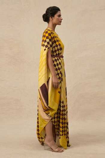 Buy_Vedika M_Yellow Cotton Satin One Shoulder Golden Hour Draped Dress _Online_at_Aza_Fashions