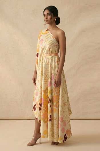 Vedika M_Beige Cotton Satin One Shoulder Sundown Floral Draped Dress _Online_at_Aza_Fashions