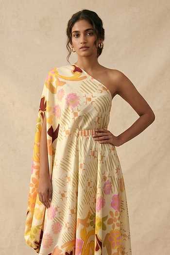 Buy_Vedika M_Beige Cotton Satin One Shoulder Sundown Floral Draped Dress _Online_at_Aza_Fashions