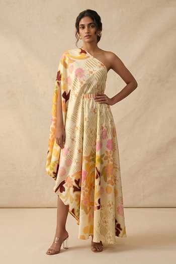Vedika M Sundown Floral One Shoulder Draped Dress 