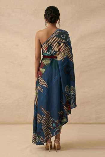 Vedika M Midnight Bloom One Shoulder Draped Dress 