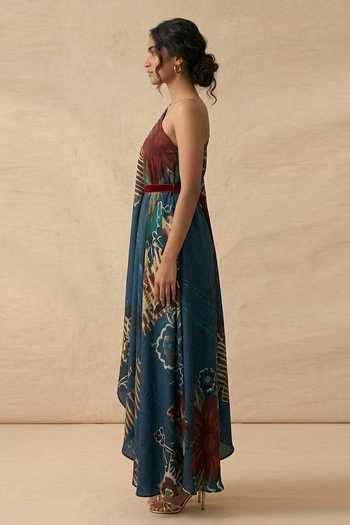 Vedika M_Blue Cotton Satin One Shoulder Midnight Bloom Draped Dress _Online_at_Aza_Fashions