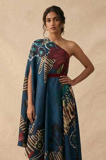 Buy_Vedika M_Blue Cotton Satin One Shoulder Midnight Bloom Draped Dress _Online_at_Aza_Fashions