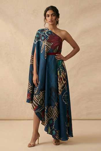 Vedika M Midnight Bloom One Shoulder Draped Dress 