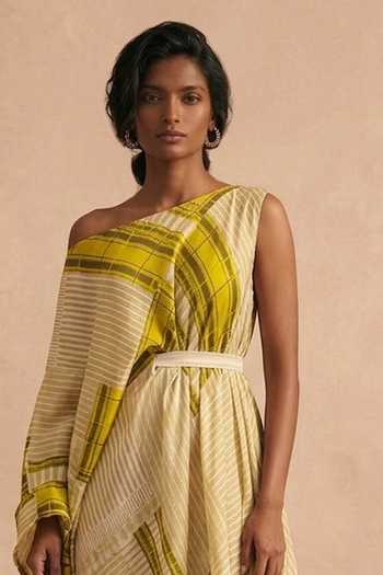 Vedika M_Green Cotton Satin One Shoulder Citrene Drop Draped Dress With Belt _Online_at_Aza_Fashions