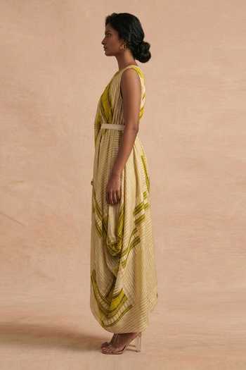 Buy_Vedika M_Green Cotton Satin One Shoulder Citrene Drop Draped Dress With Belt _Online_at_Aza_Fashions