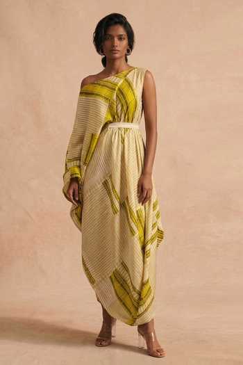 Vedika M Citrene Drop Shoulder Draped Dress With Belt 