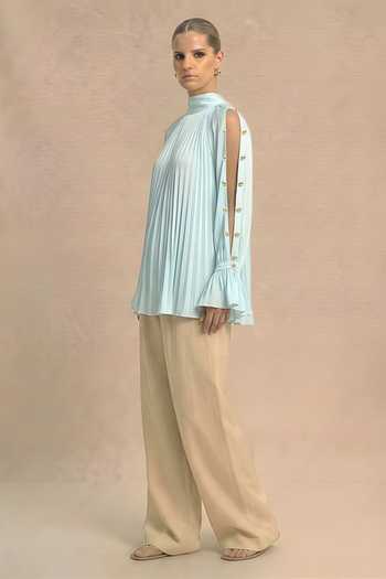 Buy Neora By Nehal Chopra Blue Silk, Bemberg High Neck Tropical Breeze Halter Top Online at Aza Fashions Buy_Neora By Nehal Chopra_Blue Silk, Bemberg High Neck Tropical Breeze Halter Top _Online_at_Aza_Fashions