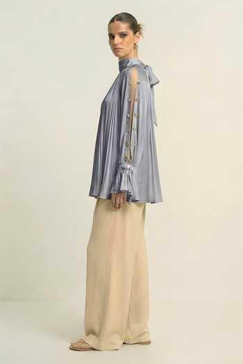 Neora By Nehal Chopra_Grey Silk, Bemberg High Neck Steel Halter Top _Online_at_Aza_Fashions