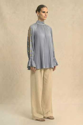 Buy_Neora By Nehal Chopra_Grey Silk, Bemberg High Neck Steel Halter Top _Online_at_Aza_Fashions