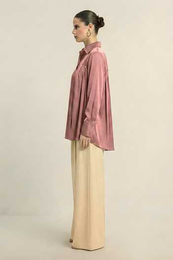 Neora By Nehal Chopra_Pink Silk, Bemberg Collared Gathered Shirt _Online_at_Aza_Fashions