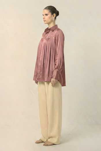 Buy_Neora By Nehal Chopra_Pink Silk, Bemberg Collared Gathered Shirt _Online_at_Aza_Fashions