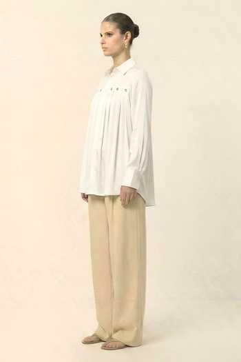 Neora By Nehal Chopra_Ivory Silk, Bemberg Collared White Gathered Shirt _Online_at_Aza_Fashions