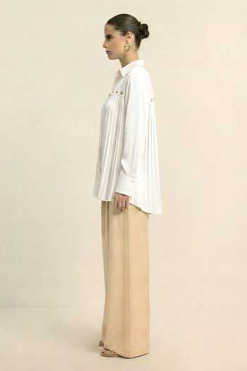 Buy_Neora By Nehal Chopra_Ivory Silk, Bemberg Collared White Gathered Shirt _Online_at_Aza_Fashions