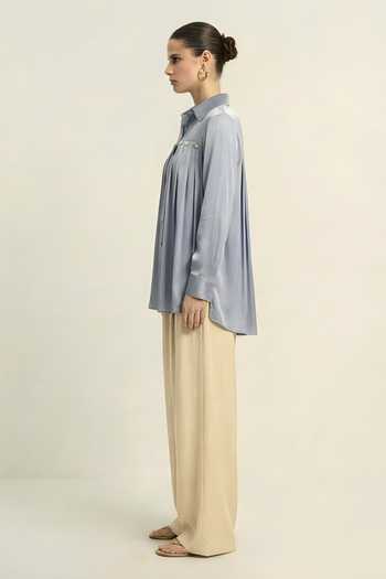 Neora By Nehal Chopra_Grey Silk, Bemberg Collared Steel Gathered Shirt _Online_at_Aza_Fashions