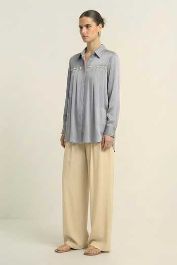 Buy_Neora By Nehal Chopra_Grey Silk, Bemberg Collared Steel Gathered Shirt _Online_at_Aza_Fashions