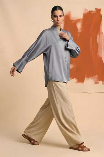 Shop_Neora By Nehal Chopra_Grey Silk, Bemberg Collared Steel Gathered Shirt _Online_at_Aza_Fashions