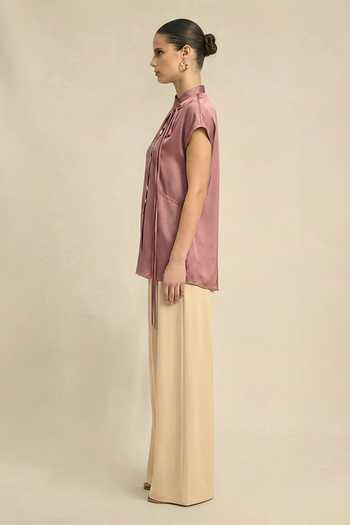 Neora By Nehal Chopra_Pink Bemberg, Silk Mandarin Collar Crew Neck Top _Online_at_Aza_Fashions
