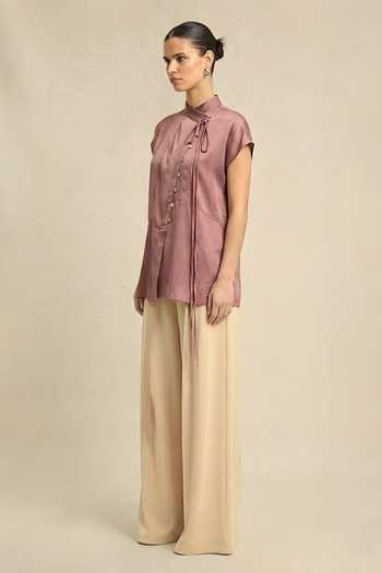 Buy_Neora By Nehal Chopra_Pink Bemberg, Silk Mandarin Collar Crew Neck Top _Online_at_Aza_Fashions