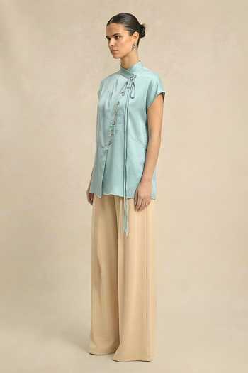 Neora By Nehal Chopra_Blue Bemberg, Silk Mandarin Collar Tropical Breeze Crew Neck Top _Online_at_Aza_Fashions