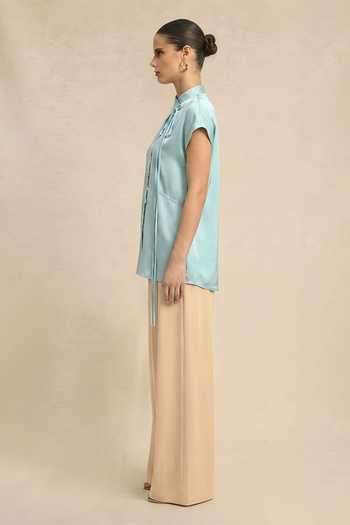 Buy_Neora By Nehal Chopra_Blue Bemberg, Silk Mandarin Collar Tropical Breeze Crew Neck Top _Online_at_Aza_Fashions