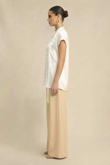 Neora By Nehal Chopra_Ivory Silk, Bemberg Mandarin Collar White Crew Neck Top _Online_at_Aza_Fashions