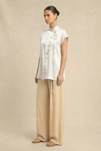 Buy_Neora By Nehal Chopra_Ivory Silk, Bemberg Mandarin Collar White Crew Neck Top _Online_at_Aza_Fashions