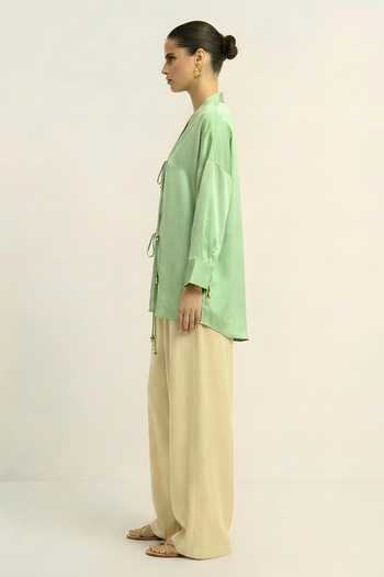Neora By Nehal Chopra_Green Silk, Bemberg V-neck Ash Loop Shirt _Online_at_Aza_Fashions