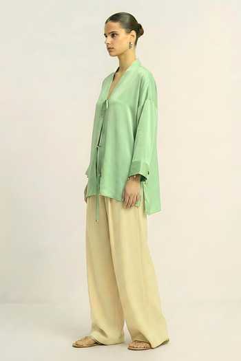 Buy_Neora By Nehal Chopra_Green Silk, Bemberg V-neck Ash Loop Shirt _Online_at_Aza_Fashions