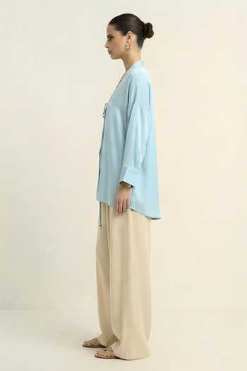 Neora By Nehal Chopra_Blue Silk, Bemberg V-neck Tropical Breeze Loop Shirt _Online_at_Aza_Fashions