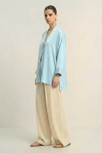 Buy_Neora By Nehal Chopra_Blue Silk, Bemberg V-neck Tropical Breeze Loop Shirt _Online_at_Aza_Fashions