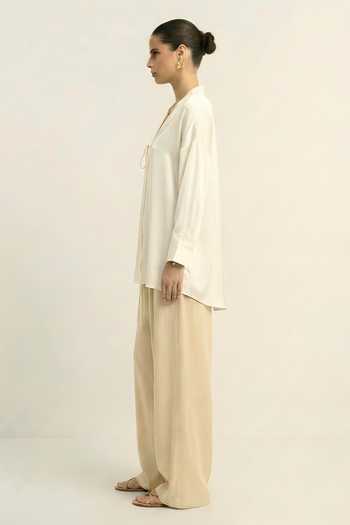 Neora By Nehal Chopra_Ivory Silk, Bemberg V-neck White Loop Shirt _Online_at_Aza_Fashions