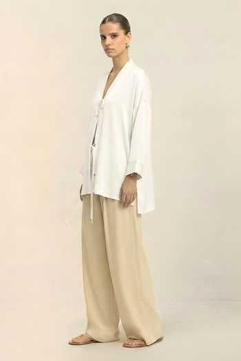 Buy_Neora By Nehal Chopra_Ivory Silk, Bemberg V-neck White Loop Shirt _Online_at_Aza_Fashions