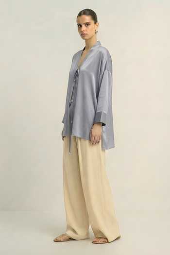 Neora By Nehal Chopra_Grey Silk, Bemberg V-neck Steel Loop Shirt _Online_at_Aza_Fashions